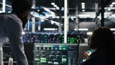 Data center manager supervising engineer using node tree tool Stock Footage 309507762
