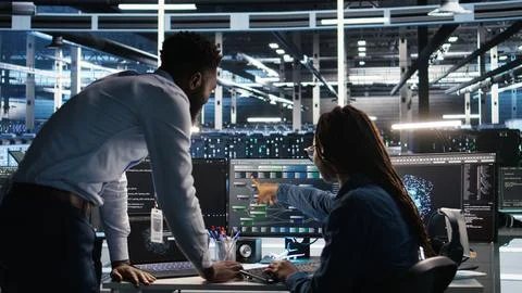 Data center manager supervising engineer using node tree tool Foto stock