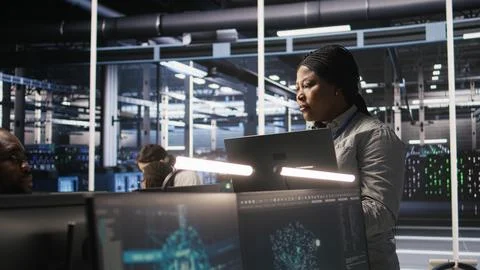 Data center manager supervising engineer tasked with analyzing neural networks Stock Photos