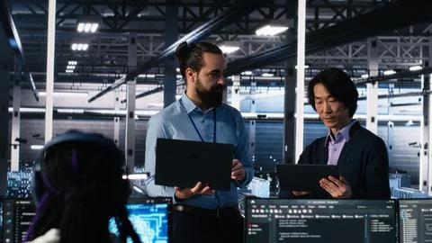 Data center manager supervising work done by programmers on neural network Foto stock