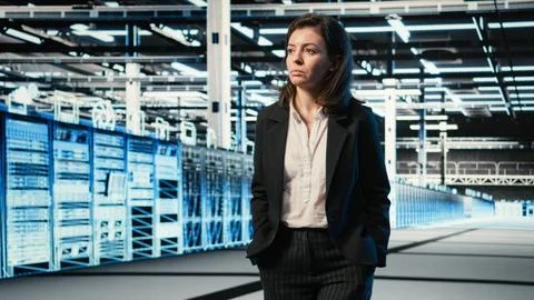 Data center manager taking virtual simulation tour of facility using AR tech Stock Photos