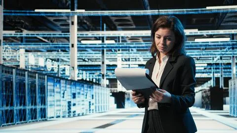 Data center manager verifying infrastructure status with files and holo visuals Stock Photos