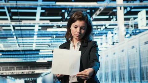 Data center manager verifying infrastructure status with files and holo visuals Foto stock