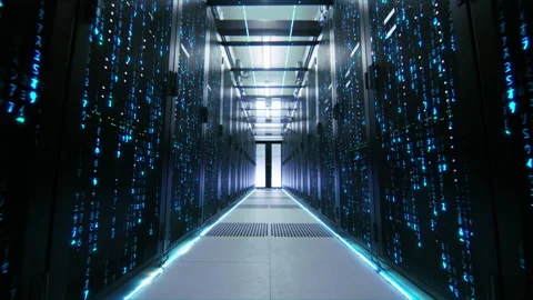 Data Center Matrix Style Numbers Raining in Server Racks. Animation Visualizing Stock Footage 133253986