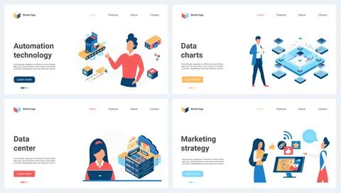 Data center, modern information technology set, people research with innovative Illustrazione stock