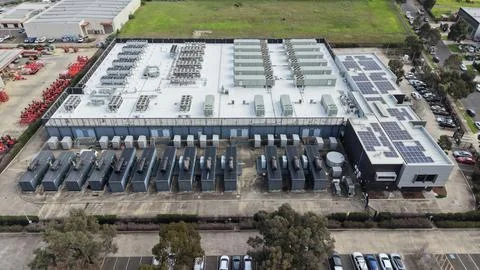 Data center modern infrastructure with cooling units and solar panels Stock Photos