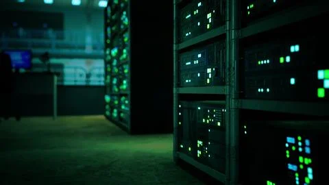 Data center with multiple rows of fully operational server racks Stock Illustration