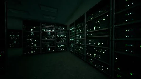 Data center with multiple rows of fully operational server racks Stock Illustration