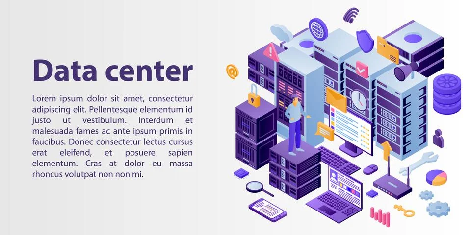 Data center network concept banner, isometric style Stockillustratie