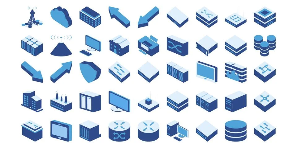 Data Center Network Isometric Icons Set Vector, Server Database Technology 3D Illustrazione stock