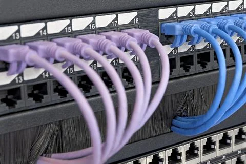 Data center, network panel, switch and connected multi-colored cables Stock Photos