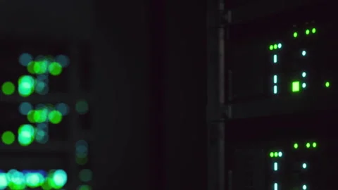 Data center with network servers and lights during nighttime hours Stock Footage 344998661