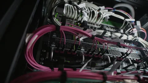 Data Center Network Switch with Fiber Optic Cables Stock Footage 330541592