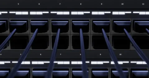 Data center networking equipment with RJ45 cables and status LED activity. Stock Footage 325835560