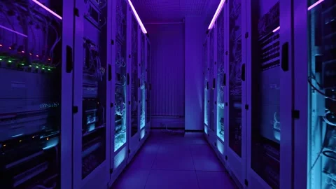 Data center, networks, server rooms in neon light, rows of operational server ra Stock Footage 252216400