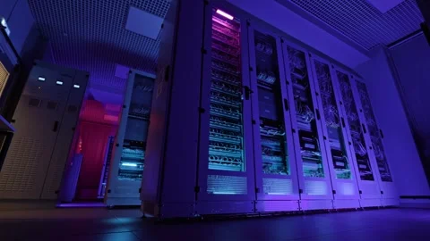 Data center, networks, server rooms in neon light, rows of operational server Stock Footage 253606617