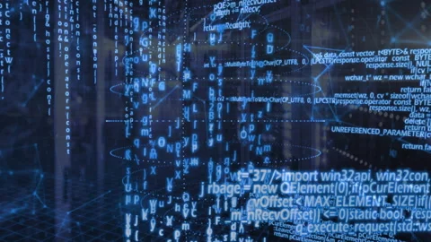 Data center opening stacking ellipses and code forming rotating data construct Stock Footage 310643909