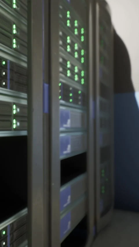 Data center operates with multiple servers and active data storage units Stock Footage 338373512