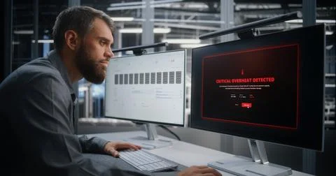 Data Center Operations Specialist Managing Critical Heat Alert Across Server Stock Photos