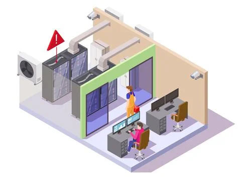 Data center or server room with server racks and computer operator, system Stock Illustration