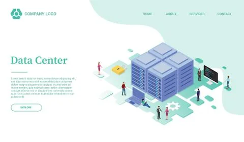 Data center or server service website template or landing homepage with isome Stock Illustration