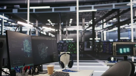 Data center PCs showing neural network visualization and code debugging tools Stock Footage 309626075