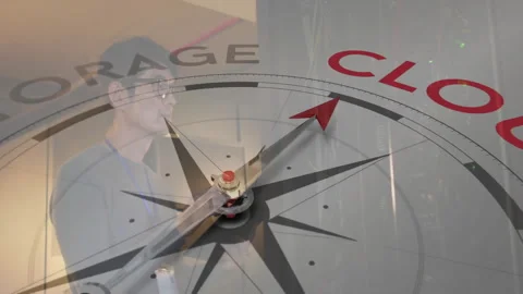 In data center, person working with animation of compass pointing to cloud Stock Footage 304011677