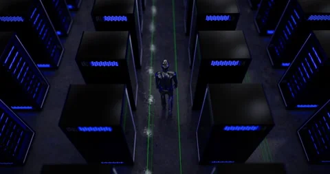 The data center of a popular mobile app. Futuristic robot engineer inspects  Stock Footage 264283520