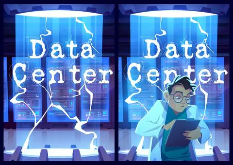 Data center posters with engineer in server room Stock Illustration