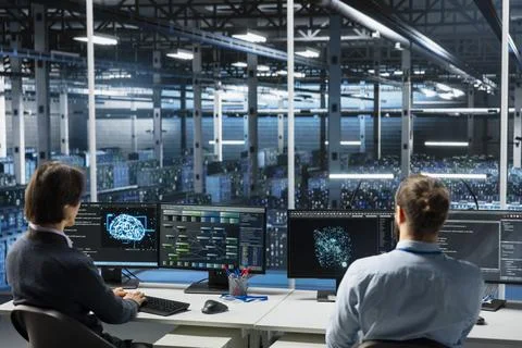 Data center programmer adjusting neural networks model parameters Stock Photos