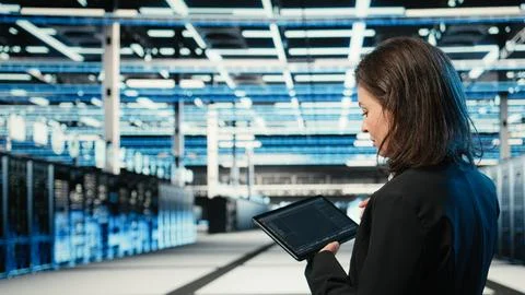 Data center programmer coding on tablet, optimizing equipment rigs Stock Photos