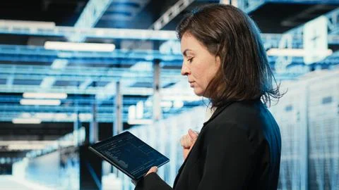 Data center programmer coding on tablet, optimizing equipment rigs Stock Photos