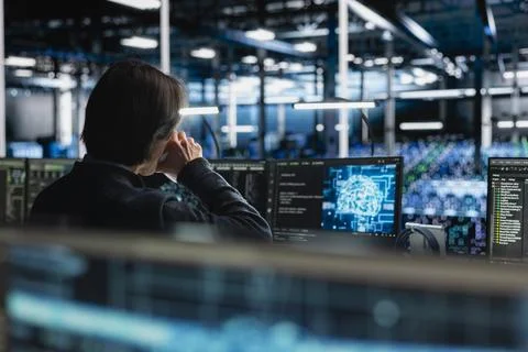 Data center programmer drinking coffee while managing artificial intelligence 스톡 사진