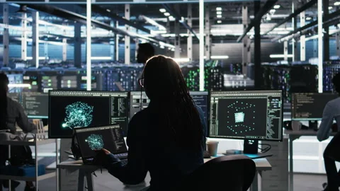 Data center programmer entering office uses node tree program Stock Footage 307042090