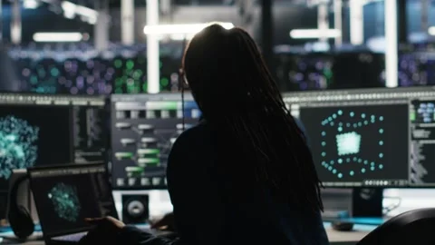 Data center programmer entering office uses node tree program Stock Footage 309128353