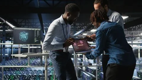 Data center programmer panicking after receiving critical error popup Stock Photos