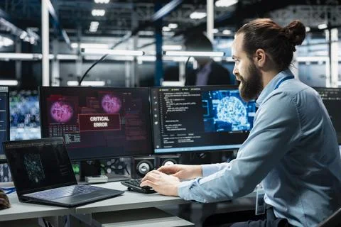 Data center programmer struggling to fix malfunctions while using AI Foto stock