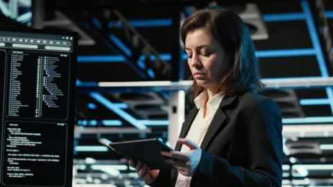 Data center programmer with tablet scanning rigs to create digital twin Stock Footage 329326101