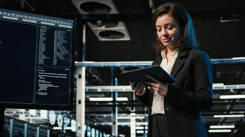 Data center programmer with tablet scanning rigs to create digital twin Stock-Fotos