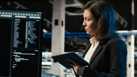 Data center programmer with tablet scanning rigs to create digital twin Stock-Fotos