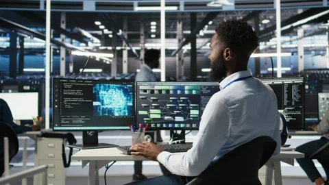 Data center programmer uses machine learning node tree tool to identify issues Stock Footage 309119107