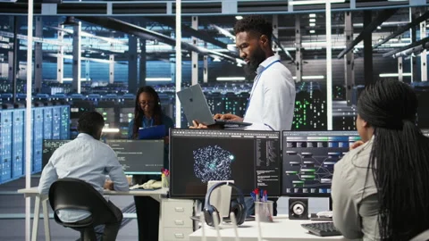 Data center programmer uses node tree software to identify equipment issues Video stock 307015369