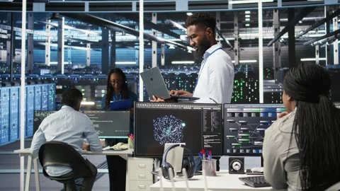 Data center programmer uses node tree software to identify equipment issues Stock Footage 309506081