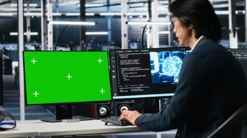 Data center programmer using green screen PC monitor, using AI Stock Footage 313566916