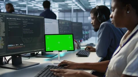 Data center programmer using mockup tablet, maintaining company network Video stock 319518994