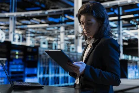 Data center programmer using tablet to install and configure equipment Stock Photos