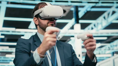 Data center programmer using VR headset tech to do equipment optimization Stock Footage 329531116