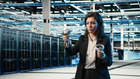 Data center programmer using VR equipment to create digital twin scan of rigs Stock-Fotos