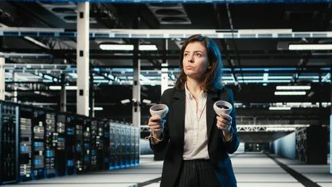 Data center programmer using VR equipment to create digital twin scan of rigs Foto stock