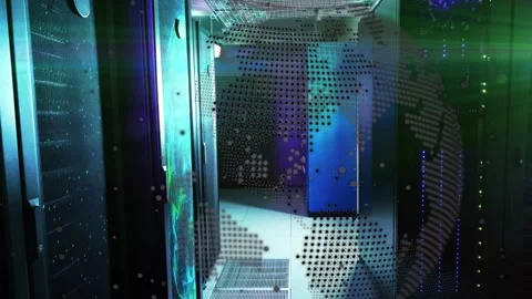 Data center rack aisle as camera drifting forward, globe overlay shifting, Stock Footage 332577574